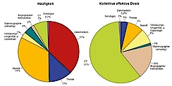 Abb. 1: Prozentualer Anteil der verschiedenen Untersuchungsarten an der Gesamthäufigkeit (links) und an der kollektiven effektiven Dosis (rechts) für das Jahr 2006 (Quelle: Bundesamt für Strahlenschutz).