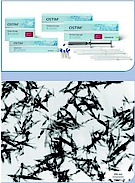 Abb. 5: Ostim® (oben) und Rasterelektronenmikroskopie der Ostim-Nanopartikel (unten).